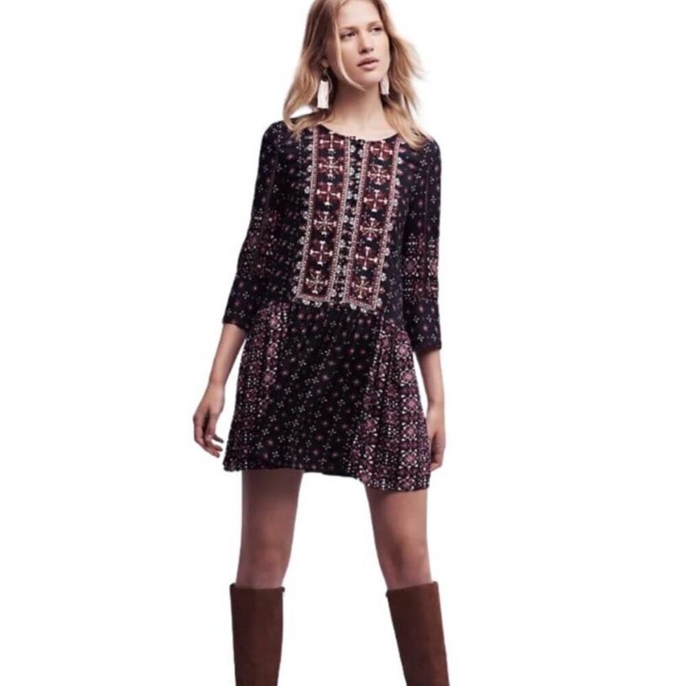 Anthropologie | Vanessa Virginia Drop Waist Dress Embroidered Boho Navy Small
